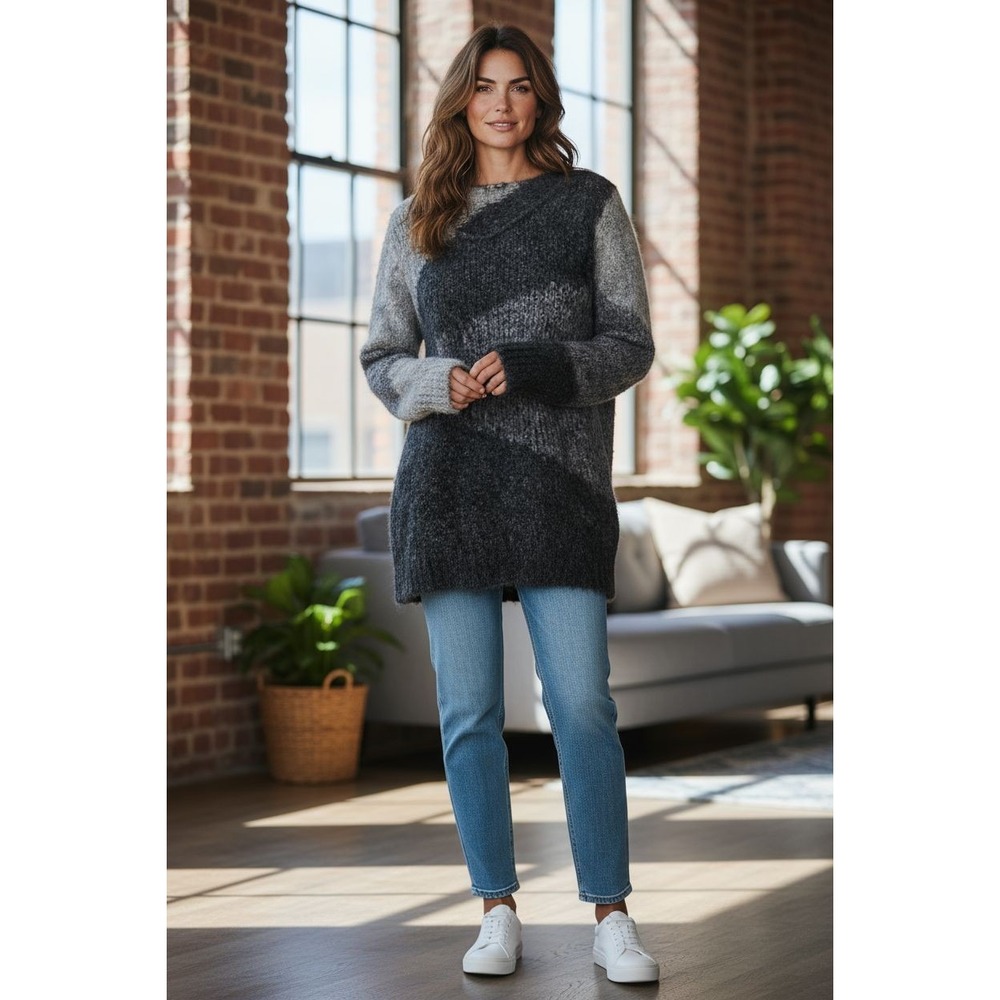 EILEEN FISHER Gray Color Block Mohair Blend V-Neck‎ Pullover Sweater Size L